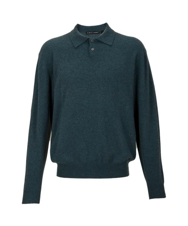 A photo of the sweater up for bid. "The teal, 100% cashmere, polo-style sweater features long sleeves and a two-button front closure. Labeled 'Autumn Cashmere. Size L.'" reads the lot description.